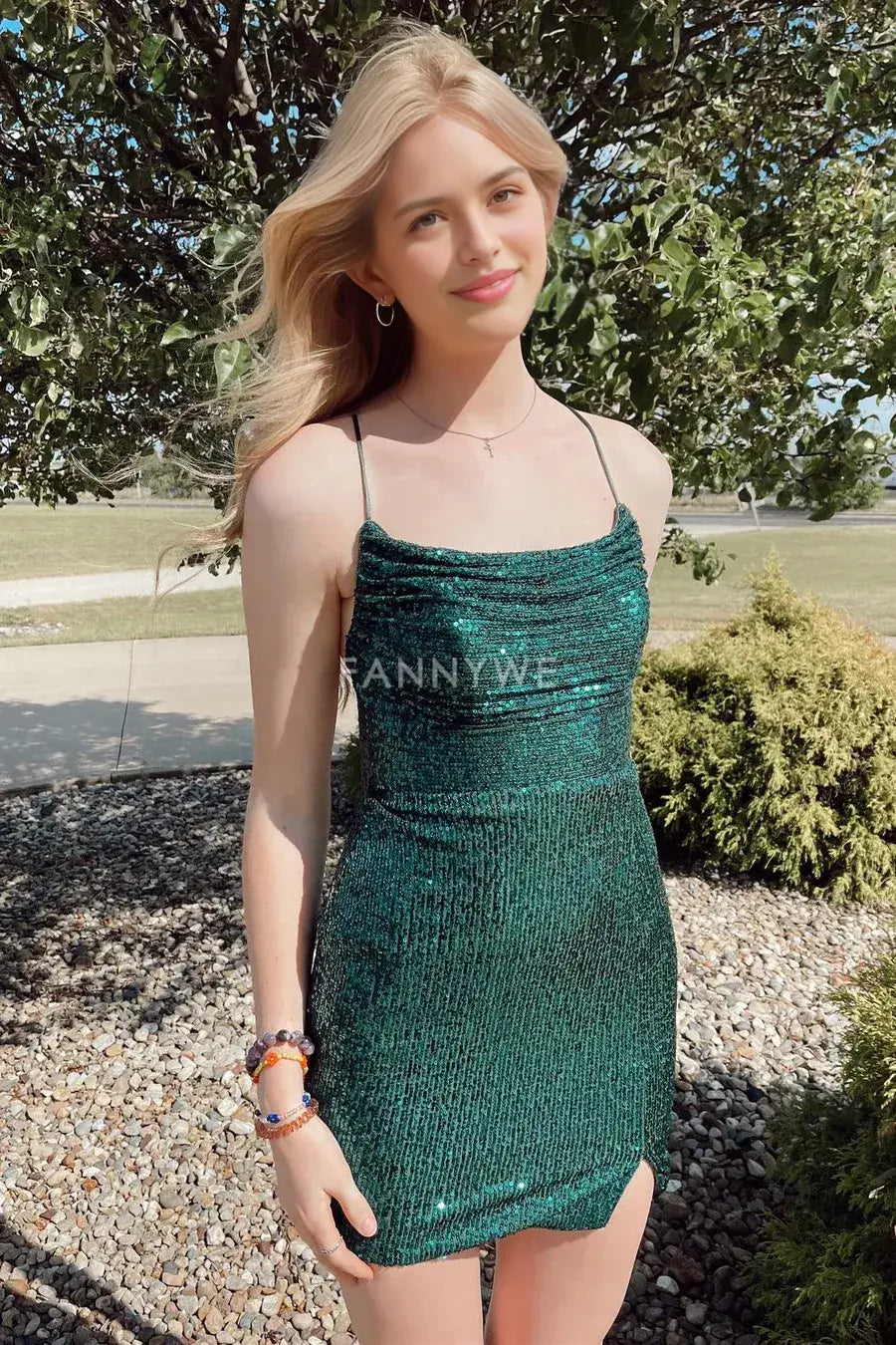 FannyWe Simple Hunter Green Sequin Lace-Up Mini Homecoming Dress formal wear dresses